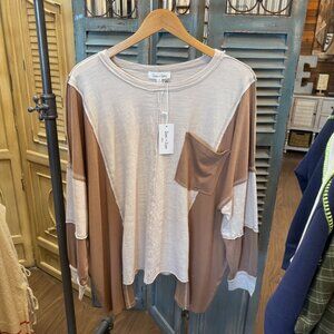 Sewn + Seen Oversized Taupe Combo Patchwork Knit Long Sleeve Top